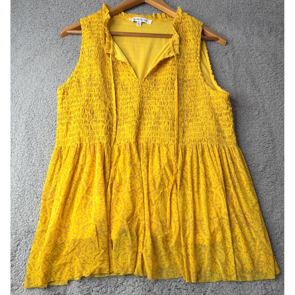 Rose + Olive Blouse Womens XL Sleeveless Yellow Sheer Lined V-Neck Rose + Olive
